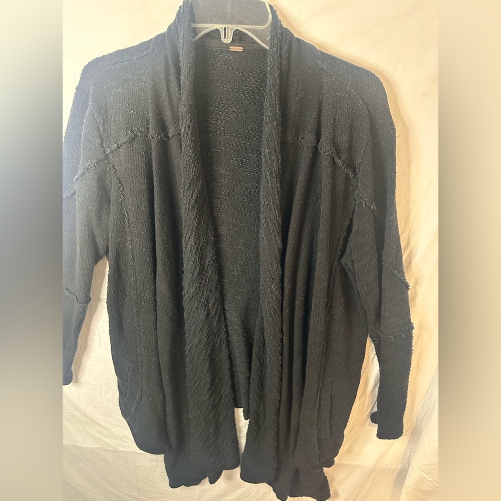 Free People Black Duster Cardigan Raw Seam Open Front Boho Sweater
